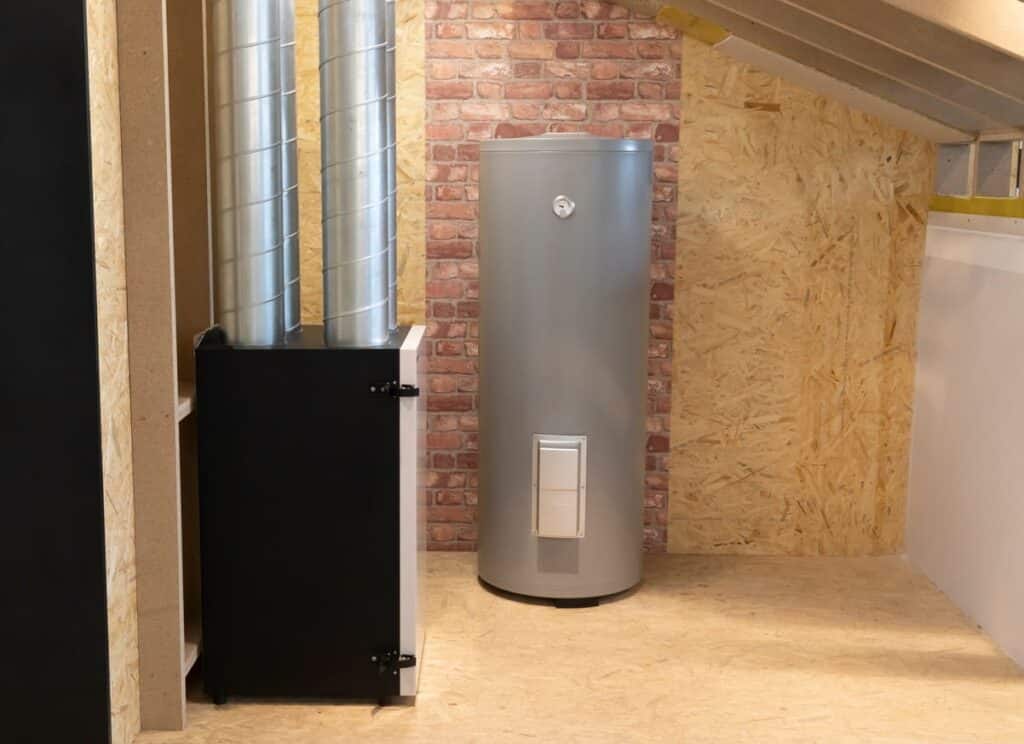 A hot water tank in a basement. 